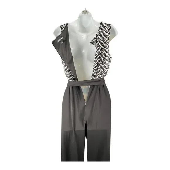 ROZ& Ali Black White Sleeveless Jumpsuit W/ Tie Waist Elegant Wide Leg Size 10P - Picture 3 of 10